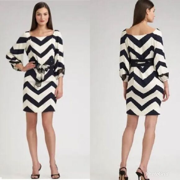 DVF Brygid Silk Navy and Crème Belted Chevron Dress - Picture 4 of 12